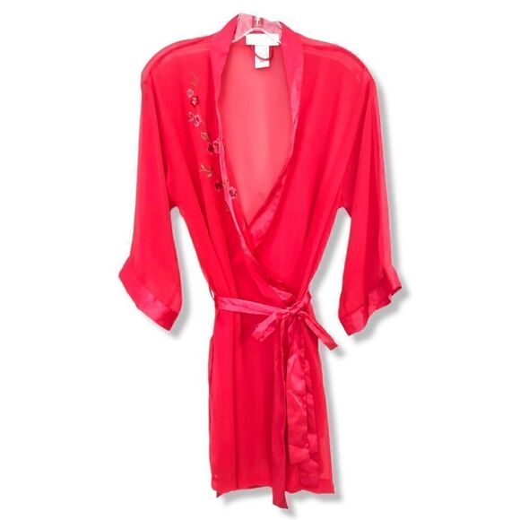 Val Mode Lingerie Red Robe Sheer Chiffon LS Knee Length Open Front Satin Belt Vi - Picture 1 of 10